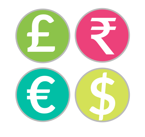 Icons showing different currencies, such as GBP, Euro, Dollar, and Rupee.